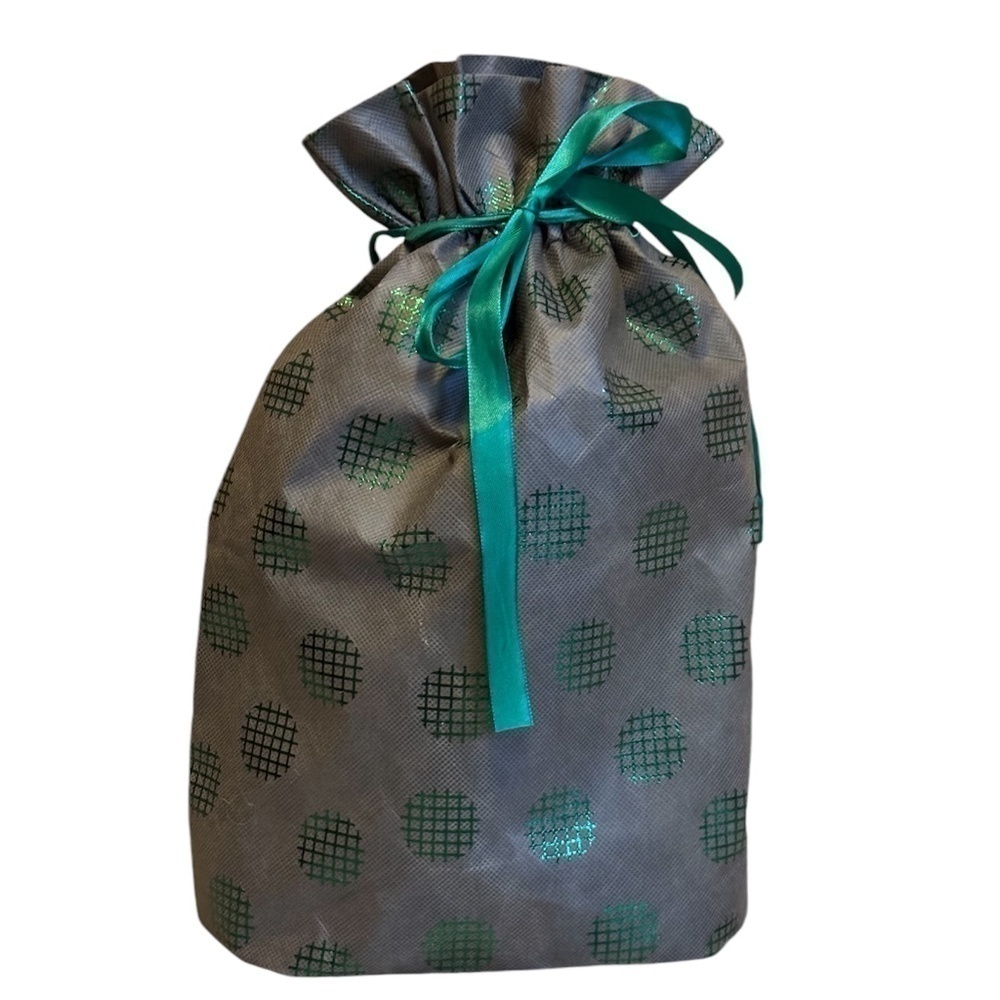 Gift Bag Large Gray Green Polka Dots Ribbon Tie